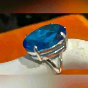 Blue topaz gemstone ring, sterling silver 925 band, faceted. Size 7 1/4.